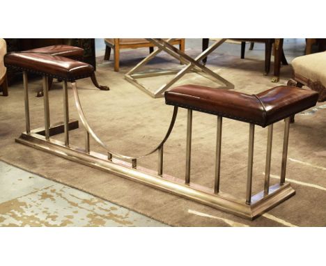 CLUB FENDER, traditional design hand finished tan leather seats raised up shaped silvered metal balustrade support, 166cm x 4