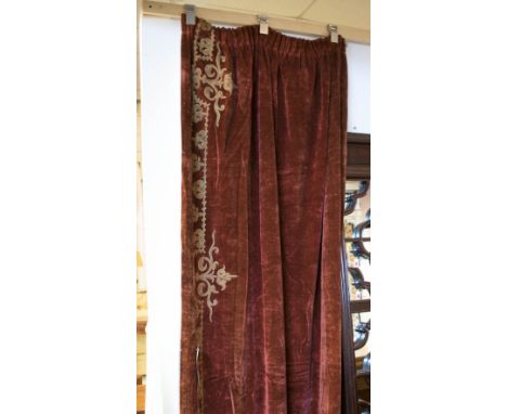 VELVET CURTAINS, a pair, with hand needlework embroidered detail, each 72cm W gathered by 251cm drop. (2)