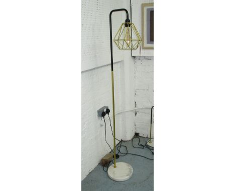INDUSTRIAL DESIGN STANDARD LAMP, with gold tubular stem on a white marble base, with LED filament bulb, 155cm H.
