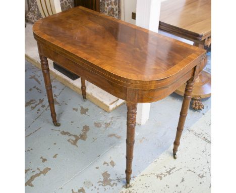 CARD TABLE, Regency mahogany, kingwood banded and brass inlaid on turned supports, 91cm W x 74cm H x 46cm D. (with faults)