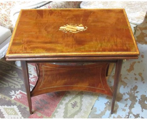 CARD TABLE, Edwardian mahogany and satinwood banded with a rectangular foldover top the centre decorated with scrolls and pip