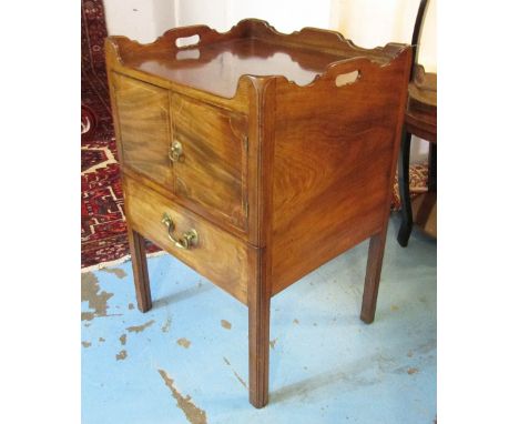 BEDSIDE COMMODE, George III mahogany and string inlaid with a galleried top and two panelled doors over a pull out sliding dr