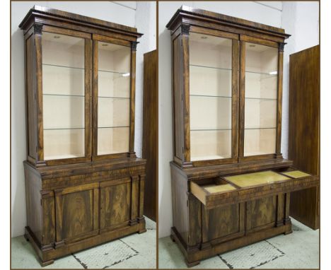 SECRETAIRE BOOKCASE, William IV rosewood with two glazed doors enclosing modern light fittings, lining and glass shelves abov