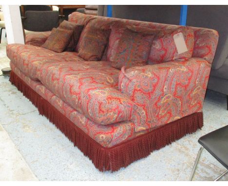 SOFA, feather cushions, Kingcombe style in paisley fabric with bullion fringe, 195cm W x 96cm D x 79cm H.