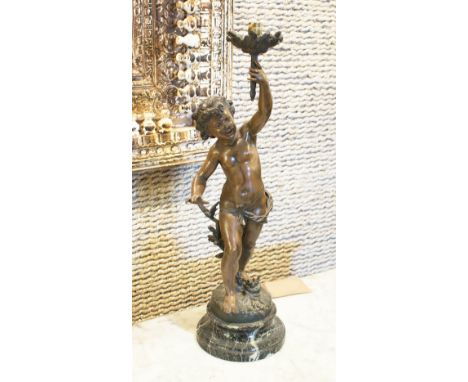SIDE LAMP, in the form of a Classical boy holding a torchere aloft on a marble base, 53cm H. (shade lacking)