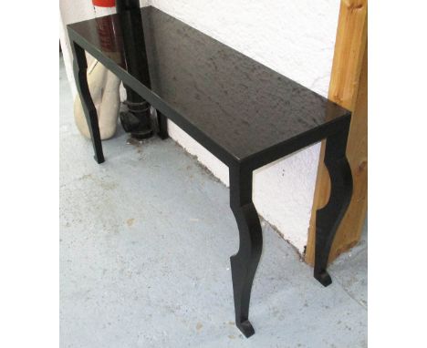 CONSOLE TABLE, ex Conran Shop with a verre noire top on shaved supports, 40cm D x 72cm H x 130cm W.