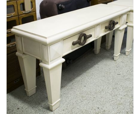 CONSOLE TABLE, of substantial proportions, cream with two drawers and feature handles, 176cm W x 51cm D x 87cm H.