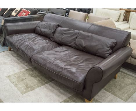 CONRAN SOFA, dark tan soft leather with three cushion and square tapering supports, model content, 76cm H x 251cm W x 112cm D