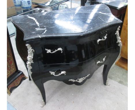 COMMODE, Louis XV style in black with two drawers and marble top with chromed edgings, 100cm x 54cm x 83cm H.