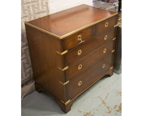 CAMPAIGN STYLE CHEST, mahogany with brass edging, fitted two short and three long drawers, bracket feet, 76cm x 46cm D x 78cm