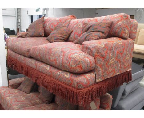 SOFA, feather cushions, Kingcombe style in paisley fabric with bullion fringe, 195cm W x 96cm D x 79cm H.