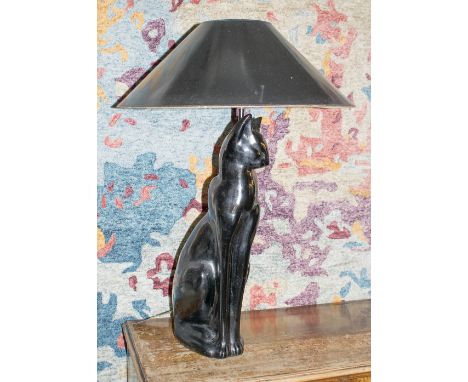 TABLE LAMP BASE, in the form of a black cat, Deco, plaster cast with shade, 59cm H overall.