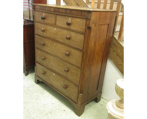 CHEST, George IV oak of two short over four long drawers on bracket feet, 115cm W x 141.5cm H x 54cm D. (with faults)