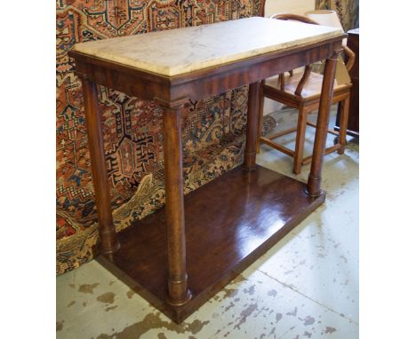 CONSOLE/CENTRE TABLE, William IV flame mahogany rectangular white marble top raised upon four turned supports with drawer sta