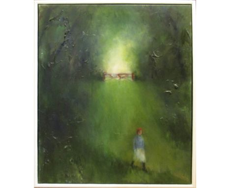20TH CENTURY BRITISH SCHOOL 'By the Red gate', oil on canvas, 100cm x 81cm, framed.