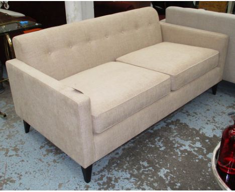 SOFA, two seater, in neutral button back fabric on square ebonised supports, 170cm L.