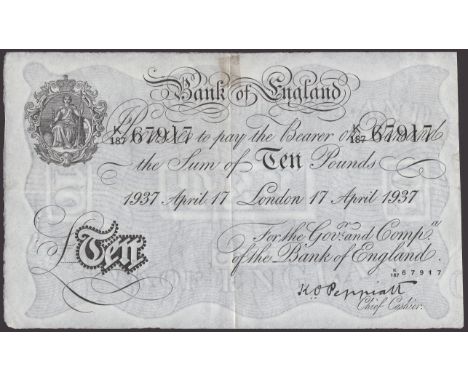 Bank of England, Kenneth O. Peppiatt, £10, London, 17 April 1937, serial number K/187 67917, staple holes, one tape mark at u