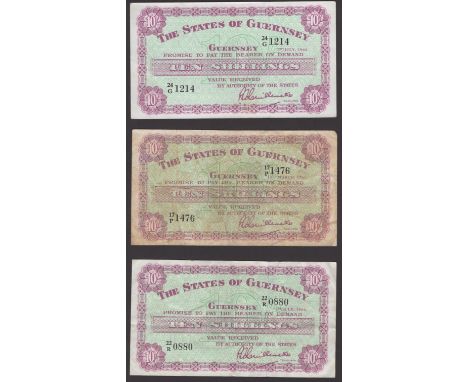 States of Guernsey, 10 Shillings (3), 1 March 1965, prefix 17/P and 1 July 1966 (2), prefixes 24/G and 22/R, all Guillemette 