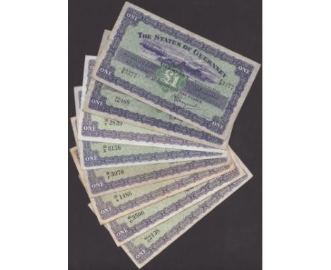 States of Guernsey, £1 (2), 1 August 1945, serial numbers 3/R 3377 and 4/V 2839, Marquand signature, also £1 (6), 1957, 1958,