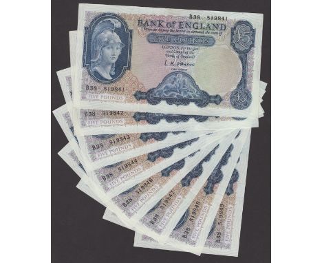 Bank of England, Leslie K. O’Brien, £5 (8), 21 February 1957, serial numbers B38 519841-44 and 519846-49, original paper, cen
