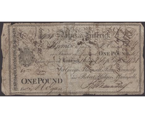 Bank of Limerick, for George Maunsell, John Kennedy and Robert Hedges Maunsell, £1, 16 September 1818, serial number 431, man