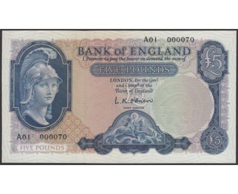 Bank of England, Leslie K. O’Brien, £5, 21 February 1957, serial number A01 000070, uncirculated and a consecutive note to th