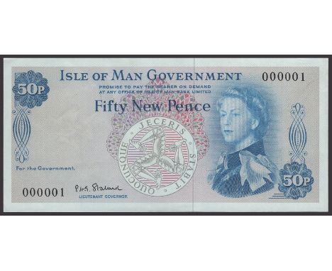 Isle of Man Government, P.H.G. Stallard, 50 Pence, 28 August 1969, serial number 0000001, light paperclip mark at top left, a