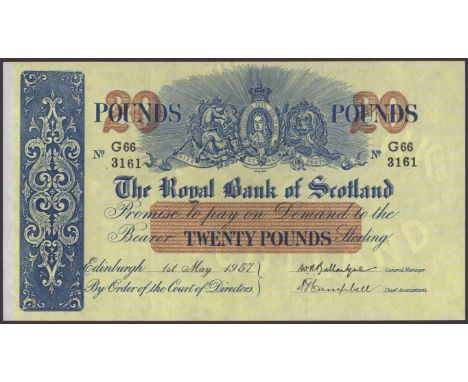 Royal Bank of Scotland, £20, 1 May 1957, serial number G66/3161, Ballantyne and Campbell signatures, the usual two folds as i