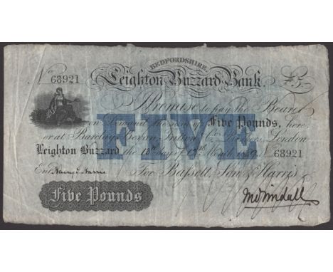 Leighton Buzzard Bank, for Bassett, Son & Harris, cancelled £5, 13 December 1889, serial number 68921, ink cancelled manuscri