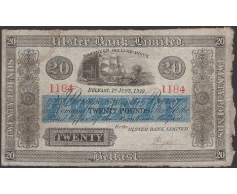Ulster Bank Limited, £20, 1 June 1929, serial number 1184, manuscript Gore signature, handstamp on reverse, good fine, a pres