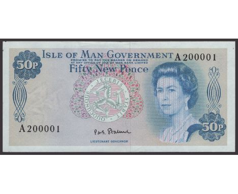 Isle of Man Government, P.H.G. Stallard, 50 Pence, 23 June 1972, serial number A200001, light paperclip mark at top left, pin