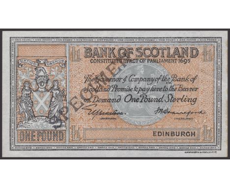 Bank of Scotland, obverse proof for £1, ND (1935), no serial numbers, Elphinstone and Beveridge signatures, black SPECIMEN ha