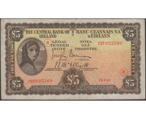 Central Bank of Ireland, £5, 5 March 1943, serial number 73T 025769, orange War Code R, Brennan and McElligott signatures, gr