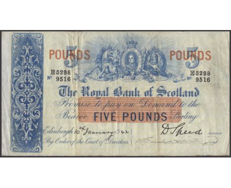 Royal Bank of Scotland, £5, 10 January 1942, serial number E5298/9516, Speed and one additional manuscript signature, origina
