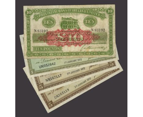 Provincial Bank of Ireland Ltd, £10, 10 April 1946, serial number N83192, Kennedy signature, also £1 and £5 (2), 1 January 19