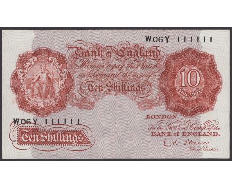 Bank of England, Leslie K. O’Brien, 10 Shillings, 21 November 1955, serial number W06Y 111111, uncirculated and an exceptiona