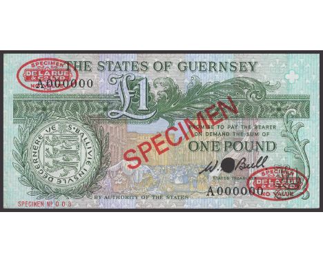 States of Guernsey, specimen £1, ND (1980-89), serial number A000000, Bull signature, red SPECIMEN overprints and De La Rue o