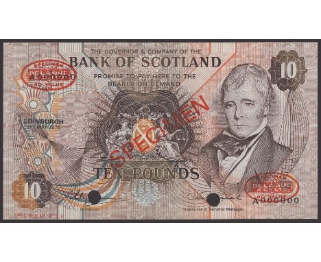 Bank of Scotland, specimen £10, 1 May 1974, serial number A000000, Lord Clydesmuir and Russell signatures, red SPECIMEN overp