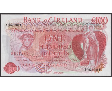 Bank of Ireland, £100, 1983, serial number A055301, O’Neill signature, light handling, overall uncirculated and scarce in thi