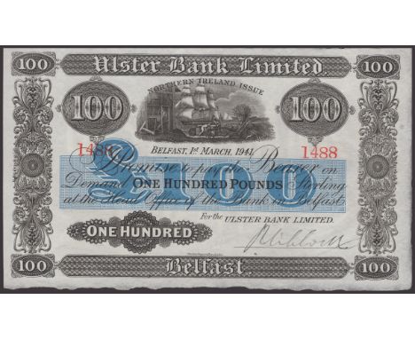 Ulster Bank Limited, £100, 1 March 1941, serial number 1488, manuscript Niblock signature, original paper, good extremely fin