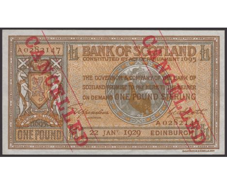 Bank of Scotland, specimen £1, 22 January 1929, serial number A0282147, Elphinstone and Scott signatures, two large red CANCE