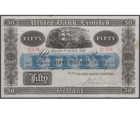 Ulster Bank Limited, £50, 1 March 1941, serial number 2008, manuscript Niblock signature, tiny pinholes, very fine and scarce