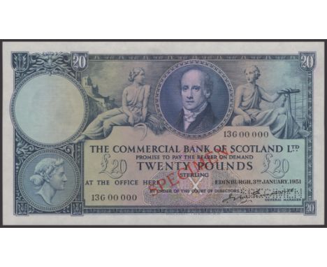 Commercial Bank of Scotland Limited, specimen £20, 3 January 1951, serial number 13G 00 000, Erskine signature, red SPECIMEN 