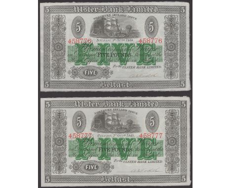 Ulster Bank Limited, £5 (2), 1 October 1940, serial numbers 458776-77, manuscript Todd signature, about uncirculated, scarce 