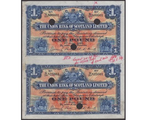 Union Bank of Scotland, uncut pair of printers specimens for £1 (3), 1 June 1933, 12 February 1937 and 1 June 1948, prefixes 