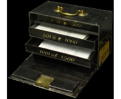 A Metal ‘Cheque Safe’, dated 1826-1929, containing four built-in numbered drawers with internal dividers, black paint with go