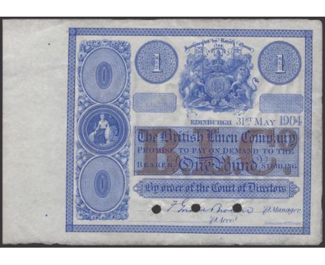 British Linen Company, specimen £1, 31 May 1904, no serial number, Gordon Brown signature, three cancellation holes, light ha