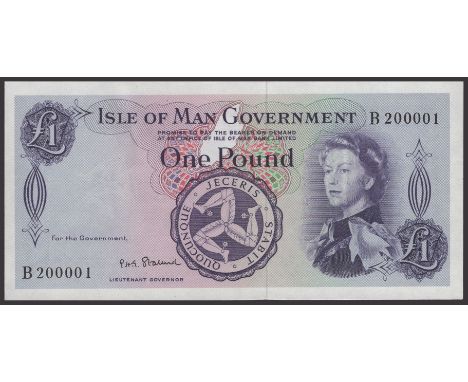 Isle of Man Government, P.H.G. Stallard, £1, 14 December 1967, serial number B200001, light paperclip mark at top left, thus 