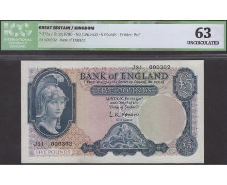 Bank of England, Leslie K. O’Brien, £5, 12 July 1961, serial number J31 000302, in ICG holder 63, uncirculated, a lovely exam