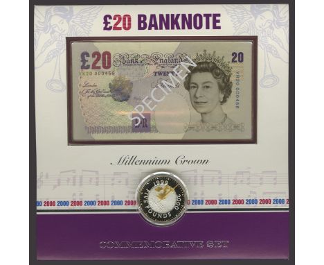 Debden Presentation Folders, Merlyn V. Lowther, £20, 2000, serial number 000458, the Millennium Year prefix and a silver £5 p